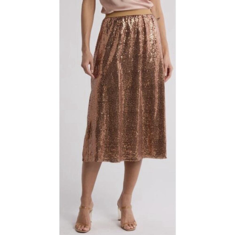 DR2 Bronze Sequin Maxi Skirt Elastic Waist Glam Evening Party Size M